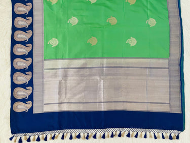 Banarasi Katan pure silk saree | Navy Blue and Parrot Green | Gold & Silver Zari | Kadiyal border | Handwoven | Ships from California